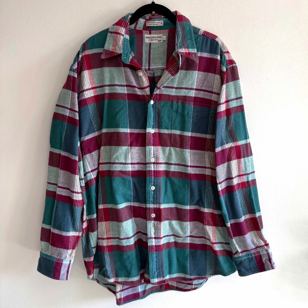 Vintage 90s Abercrombie Plaid Flannel Shirt Large Grunge Skater USA Made HK